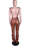 Brown Modest Women's Leather High Waist Suspenders Pants N9307-3