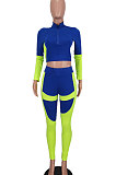 Blue Women Sexy Trendy Dew Waist Color Matching Sport Bodycon Pants Sets ED1088-3