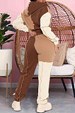 Khaki Women Keep Warm Zipper Spliced Contrast Color Hoodie Sport Pants Sets GL6521-1