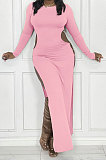 Dark Apricot Women's Milk Fiber Long Sleeve Round Neck Slim Fitting High Slit Dress DR88129-5