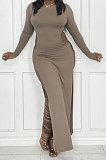 Pink Women's Milk Fiber Long Sleeve Round Neck Slim Fitting High Slit Dress DR88129-4