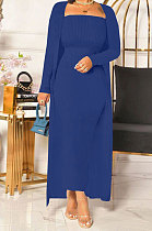 Royal Blue New Women's Ribber Collect Waist Dress+Cardigan Coat Plain Color Two-Piece QY5091-3