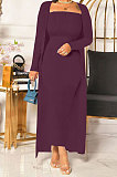 Wine Red New Women's Ribber Collect Waist Dress+Cardigan Coat Plain Color Two-Piece QY5091-1