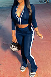 Royal Blue Women's Long Sleeve Stand Neck Tops Zipper Slit Trousers Matching Color Suit MN8387-2