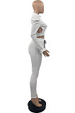 Rose Red Wholesale Women's Horn Sleeve O Neck Ruffle Hollow Out Crop Tops Skinny Pants Plain Color Suit PQ8065-2