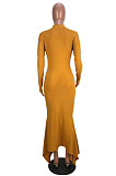 Yellow Ribber Pure Color Long Sleeve Collect Waist Hem Irrugelar Dress SYY8070-2