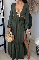 Army Green Sexy Luxe Pure Color Long Sleeve Low-Cut Hollow Out For Party Maix Dress QY5089-2