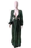 Army Green Sexy Luxe Pure Color Long Sleeve Low-Cut Hollow Out For Party Maix Dress QY5089-2