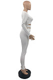 White Cotton Blend Long Sleeve Round Neck Tops Pencil Pants Slim Fitting Suit PQ8064-1