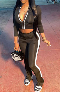 Black Women's Long Sleeve Stand Neck Tops Zipper Slit Trousers Matching Color Suit MN8387-3
