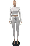 Black Wholesale Women's Horn Sleeve O Neck Ruffle Hollow Out Crop Tops Skinny Pants Plain Color Suit PQ8065-1