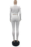 Black Wholesale Women's Horn Sleeve O Neck Ruffle Hollow Out Crop Tops Skinny Pants Plain Color Suit PQ8065-1