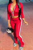 Bright Red Women's Long Sleeve Stand Neck Tops Zipper Slit Trousers Matching Color Suit MN8387-6