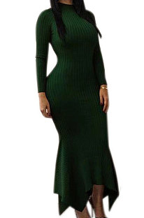 Green Ribber Pure Color Long Sleeve Collect Waist Hem Irrugelar Dress SYY8070-1