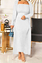 Cream White New Women's Ribber Collect Waist Dress+Cardigan Coat Plain Color Two-Piece QY5091-2