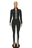 Rose Red Women's Long Sleeve Stand Neck Tops Zipper Slit Trousers Matching Color Suit MN8387-1