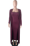 Wine Red New Women's Ribber Collect Waist Dress+Cardigan Coat Plain Color Two-Piece QY5091-1