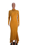 Green Ribber Pure Color Long Sleeve Collect Waist Hem Irrugelar Dress SYY8070-1