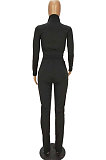 Navy Blue Women's Long Sleeve Stand Neck Tops Zipper Slit Trousers Matching Color Suit MN8387-4