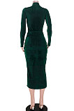 Coffee Women Velvet High Collar Knotted Split Skirts Sets GL6526-3