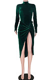 Dark Green Women Velvet High Collar Knotted Split Skirts Sets GL6526-1