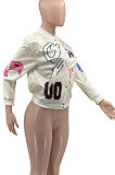 White Women Cardigan Color Matching Fashion Printing Doulbe Ribber Baseball Uniform Jacket MLM9082