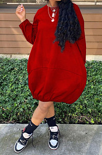 Red Women Long Sleeve Loose Solid Color Simplee Mini Dress LW88106-2