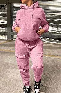 Pink Trendy Loose Hoodie Long Sleeve Pure Color Sport Pants Sets BE8055-2