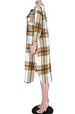 Khaki Women Casual Plaid Long Sleeve Cardigan Single-Breasted Long Shirts Coat GL6525-2