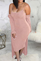 Pink Autumn Winter Velvet Sexy Condole Belt Skirts Sets BLE2521-5