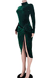 Black Women Velvet High Collar Knotted Split Skirts Sets GL6526-2