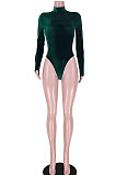 Dark Green Women Velvet High Collar Knotted Split Skirts Sets GL6526-1