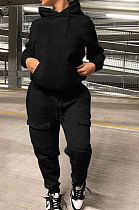 Black Trendy Loose Hoodie Long Sleeve Pure Color Sport Pants Sets BE8055-1