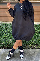 Black Women Long Sleeve Loose Solid Color Simplee Mini Dress LW88106-1