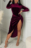 Wine Red Women Velvet High Collar Knotted Split Skirts Sets GL6526-4