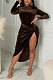 Coffee Women Velvet High Collar Knotted Split Skirts Sets GL6526-3