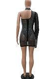 Black Fashion Sexy Perspectivity Oblique Shoulder Hot Drilling Mid Waist Bodycon Mini Dress CCY9397-1