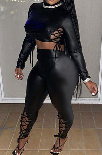Black Women's Bodycon Bandage PU Leather Pants Sets FFE190