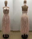 Pink Women Sexy Party Mesh Spaghetti Backless Cross Long Dress QLKG223-1