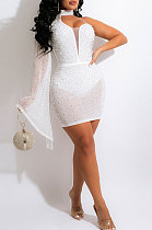 White Fashion Sexy Perspectivity Oblique Shoulder Hot Drilling Mid Waist Bodycon Mini Dress CCY9397-2