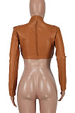 Light Brown Sexy Dew Waist Zipper Pure Color Leather Coat ED1096