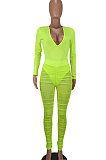 Neon Yellow Wome's Trendy Sexy Mesh Spaghetti Milkl Silk V Collar Pants Sets ED1093-2