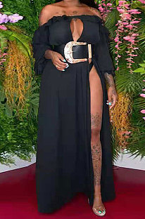 Black Women Solid Color Sexy A Word Shoulder Flounce Split Long Dress HDY2036-1