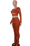 Rose Red Women Long Sleeve Sexy Low Collar Dew Waist Shirred Detail Hollow Out Pants Sets ED1094 -2