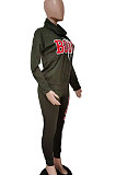 Army Green Casual Sporty Simplee Letter Long Sleeve High Neck Long Pants Sets LD9025-3