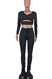 Ginger Women Long Sleeve Sexy Low Collar Dew Waist Shirred Detail Hollow Out Pants Sets ED1094 -3