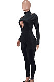 Black Women's Pure Color High Collar Korea Velvet Hollow Out Zipper Bodycon Jumpsuits ED1092-1