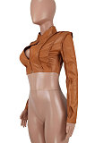 Light Brown Sexy Dew Waist Zipper Pure Color Leather Coat ED1096