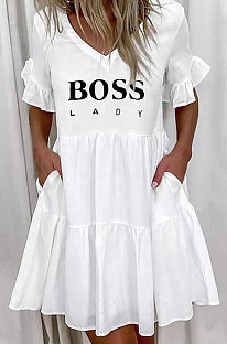 White Printing V Collar High Waist Pullover Ruffle Sleeve Spliced Pocket Plus Mini Dress HYS001