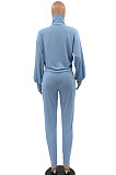 Blue Women Long Sleeve Pure Color Fashion High Collar Pants Sets AYQ08023-1
